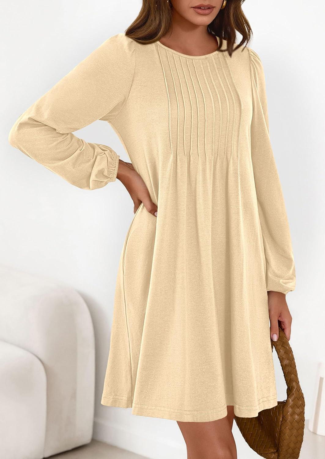 imagePRETTYGARDEN Fall Dresses for Women 2026 Long Sleeve Mini Short Flowy A Line Casual Holiday Party Tunic Dress Fashion ClothesBeige