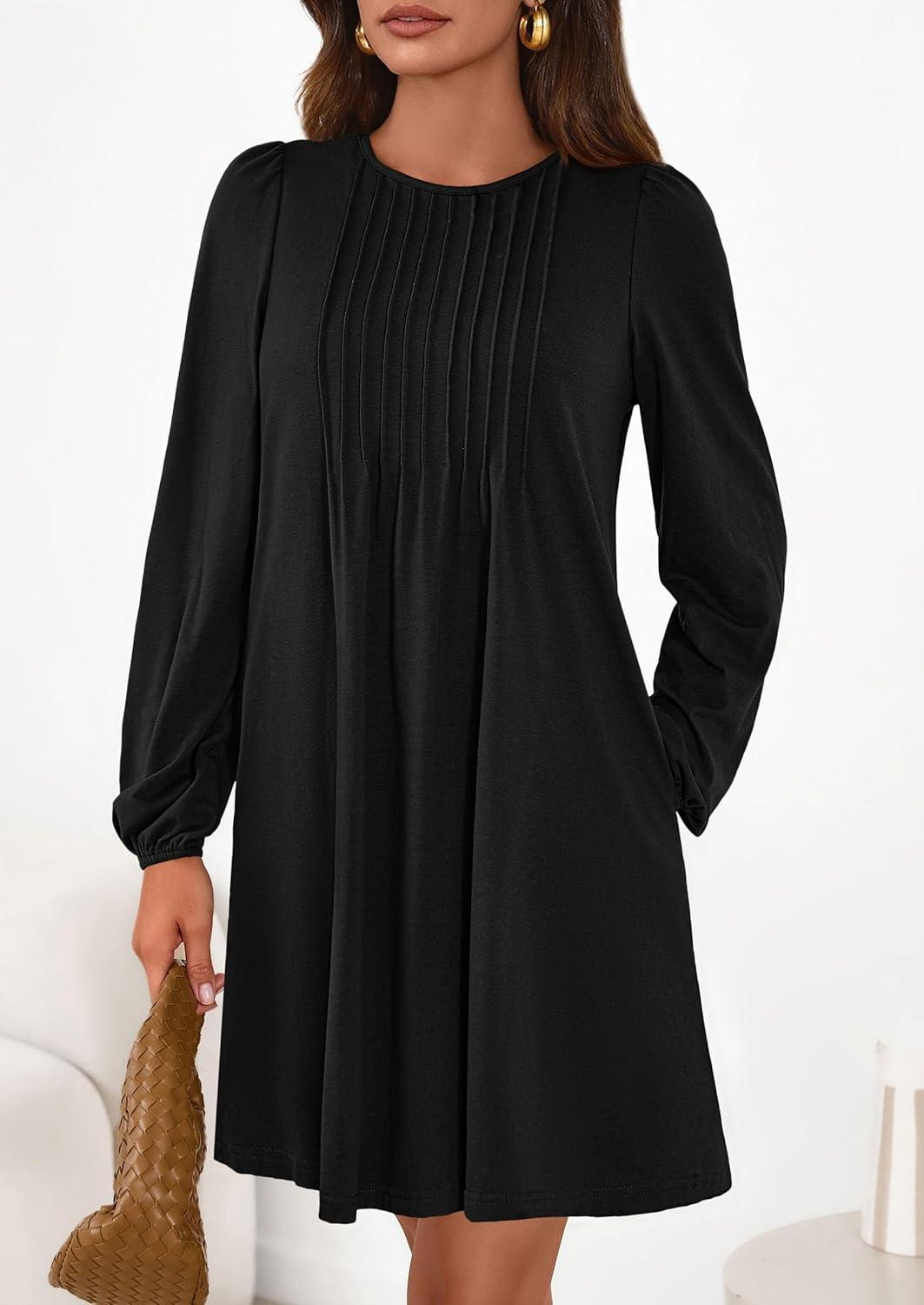 imagePRETTYGARDEN Fall Dresses for Women 2026 Long Sleeve Mini Short Flowy A Line Casual Holiday Party Tunic Dress Fashion ClothesBlack