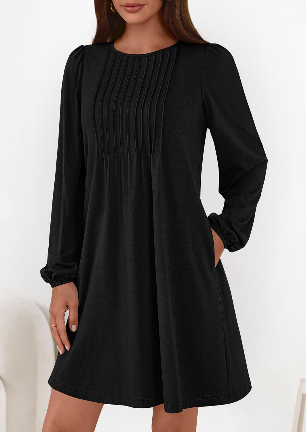 imagePRETTYGARDEN Fall Dresses for Women 2026 Long Sleeve Mini Short Flowy A Line Casual Holiday Party Tunic Dress Fashion ClothesBlack