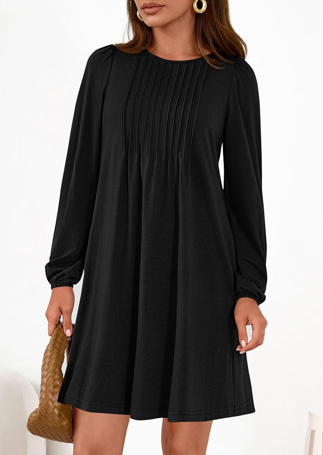 imagePRETTYGARDEN Fall Dresses for Women 2026 Long Sleeve Mini Short Flowy A Line Casual Holiday Party Tunic Dress Fashion ClothesBlack