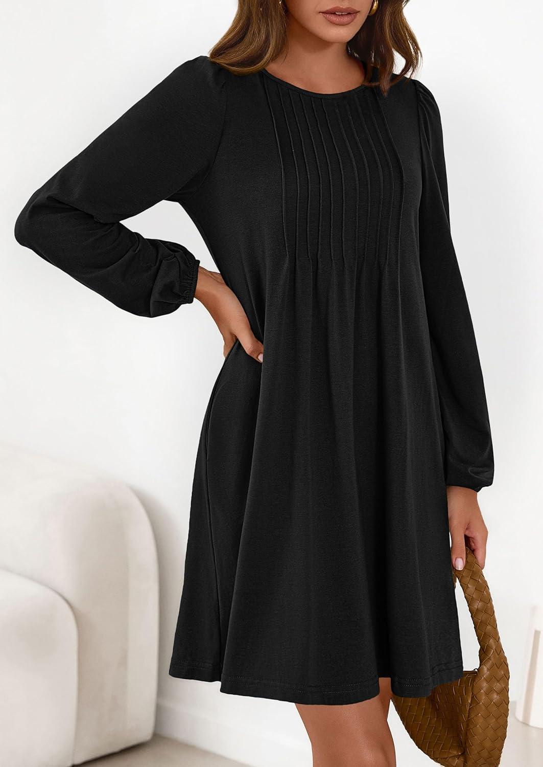imagePRETTYGARDEN Fall Dresses for Women 2026 Long Sleeve Mini Short Flowy A Line Casual Holiday Party Tunic Dress Fashion ClothesBlack