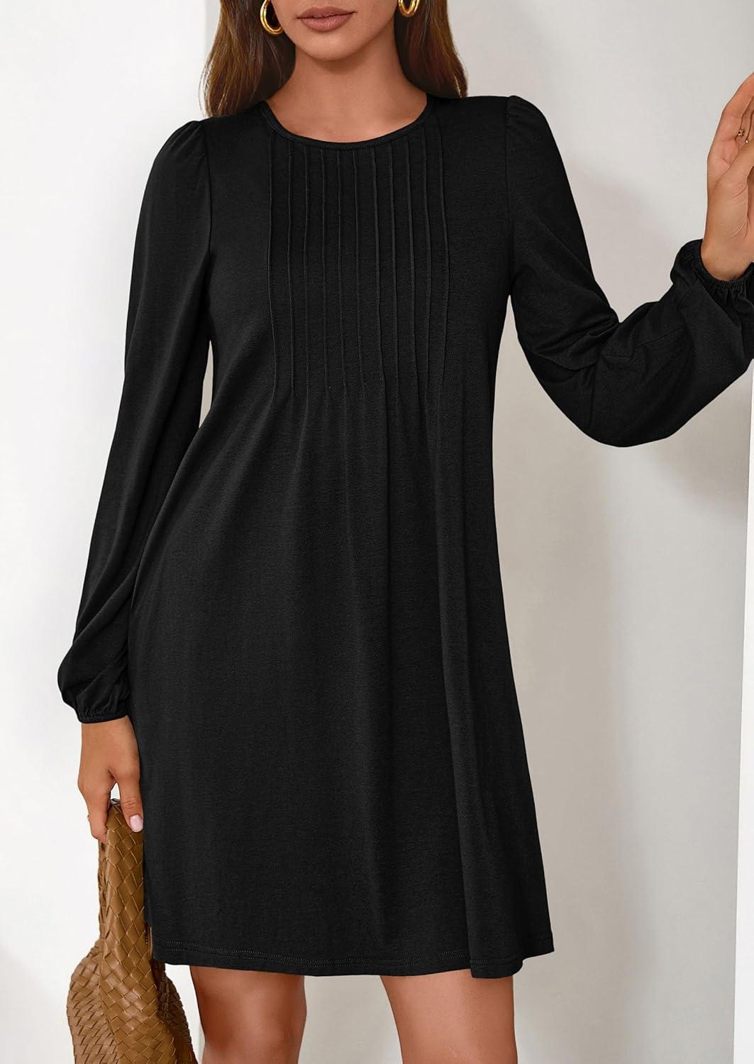 imagePRETTYGARDEN Fall Dresses for Women 2026 Long Sleeve Mini Short Flowy A Line Casual Holiday Party Tunic Dress Fashion ClothesBlack