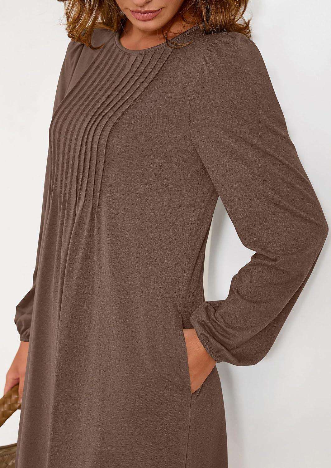 imagePRETTYGARDEN Fall Dresses for Women 2026 Long Sleeve Mini Short Flowy A Line Casual Holiday Party Tunic Dress Fashion ClothesBrown
