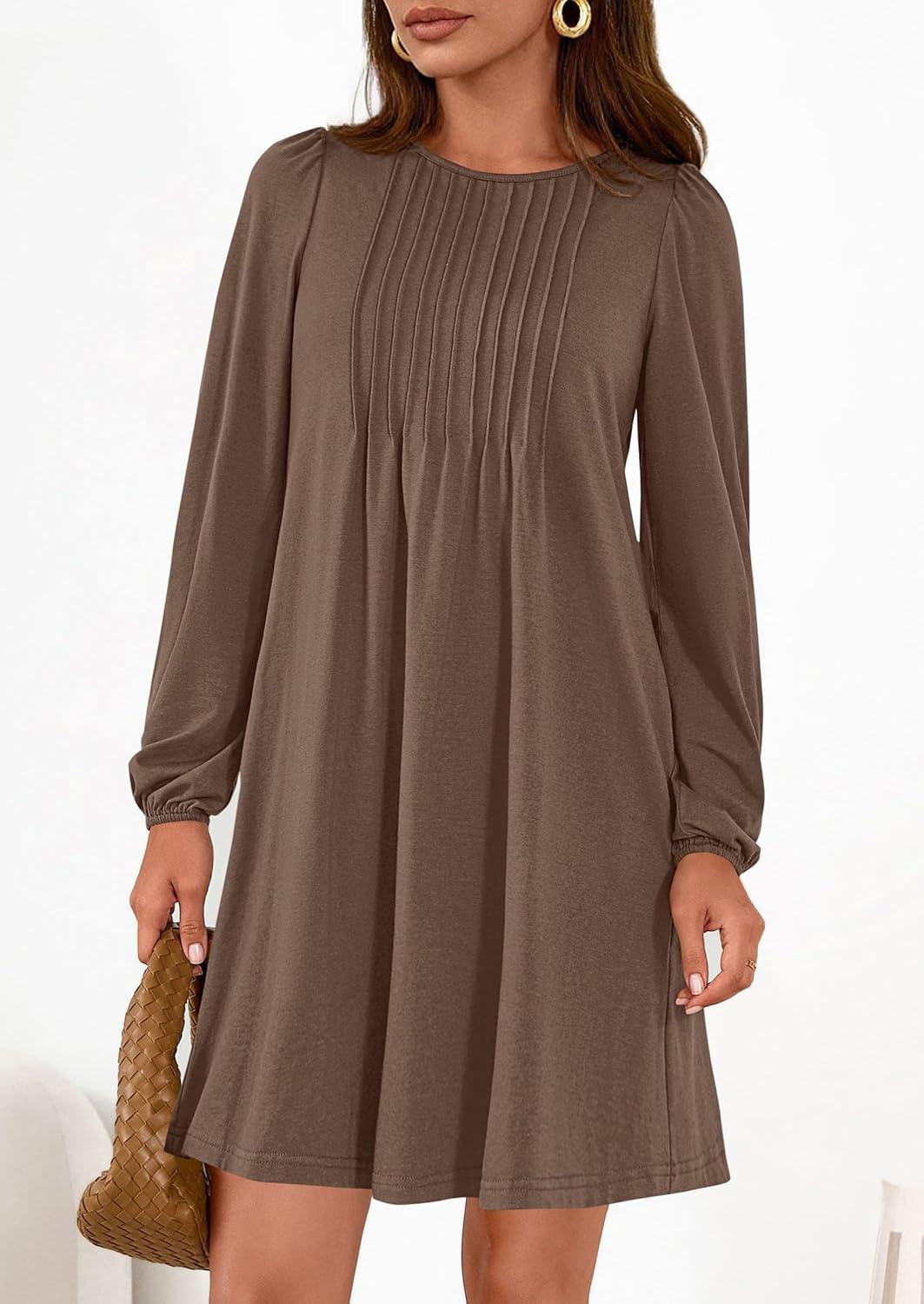 imagePRETTYGARDEN Fall Dresses for Women 2026 Long Sleeve Mini Short Flowy A Line Casual Holiday Party Tunic Dress Fashion ClothesBrown