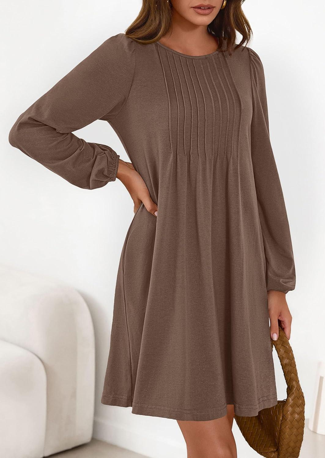 imagePRETTYGARDEN Fall Dresses for Women 2026 Long Sleeve Mini Short Flowy A Line Casual Holiday Party Tunic Dress Fashion ClothesBrown
