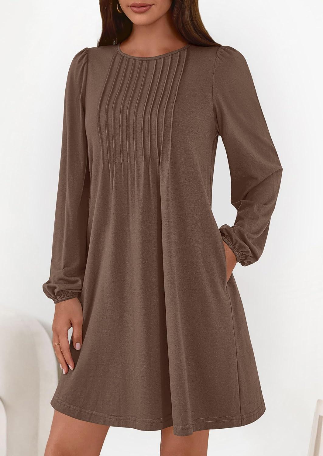 imagePRETTYGARDEN Fall Dresses for Women 2026 Long Sleeve Mini Short Flowy A Line Casual Holiday Party Tunic Dress Fashion ClothesBrown