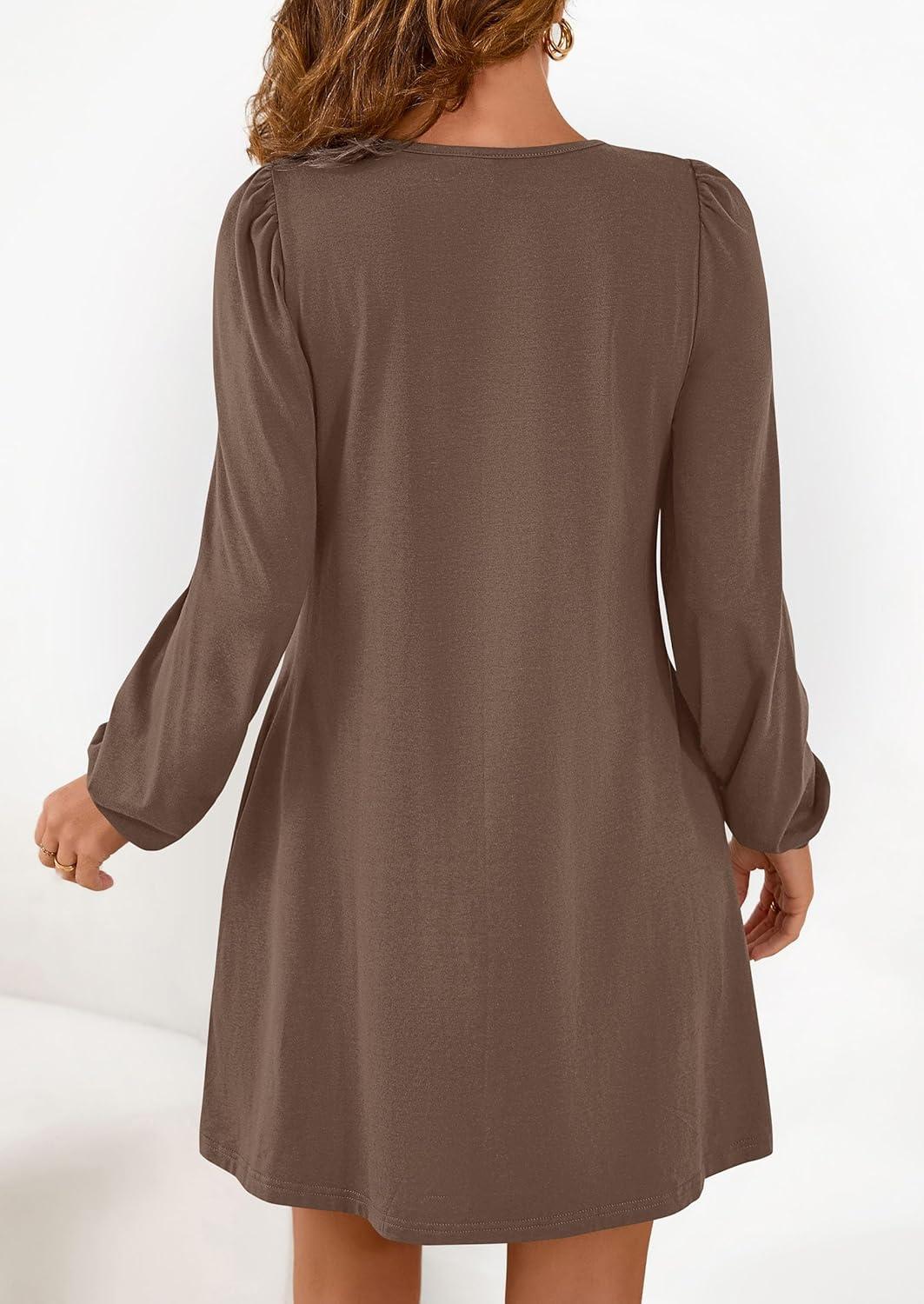imagePRETTYGARDEN Fall Dresses for Women 2026 Long Sleeve Mini Short Flowy A Line Casual Holiday Party Tunic Dress Fashion ClothesBrown