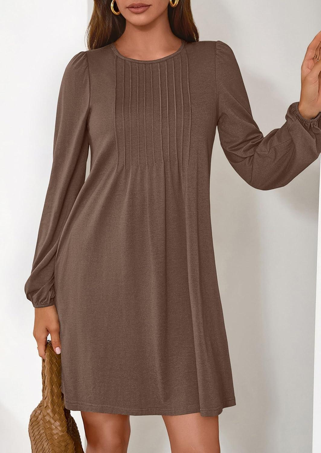 imagePRETTYGARDEN Fall Dresses for Women 2026 Long Sleeve Mini Short Flowy A Line Casual Holiday Party Tunic Dress Fashion ClothesBrown