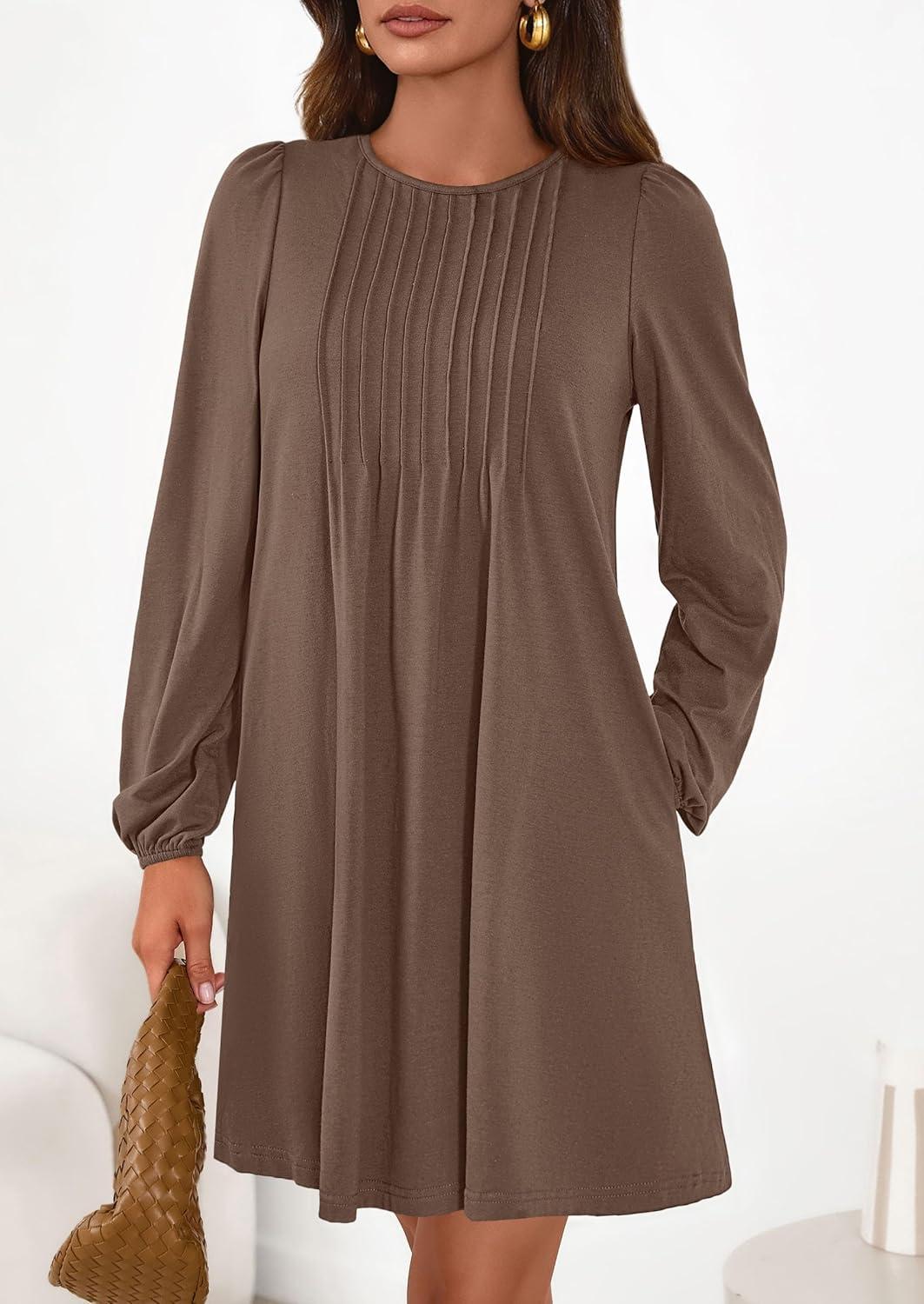imagePRETTYGARDEN Fall Dresses for Women 2026 Long Sleeve Mini Short Flowy A Line Casual Holiday Party Tunic Dress Fashion ClothesBrown