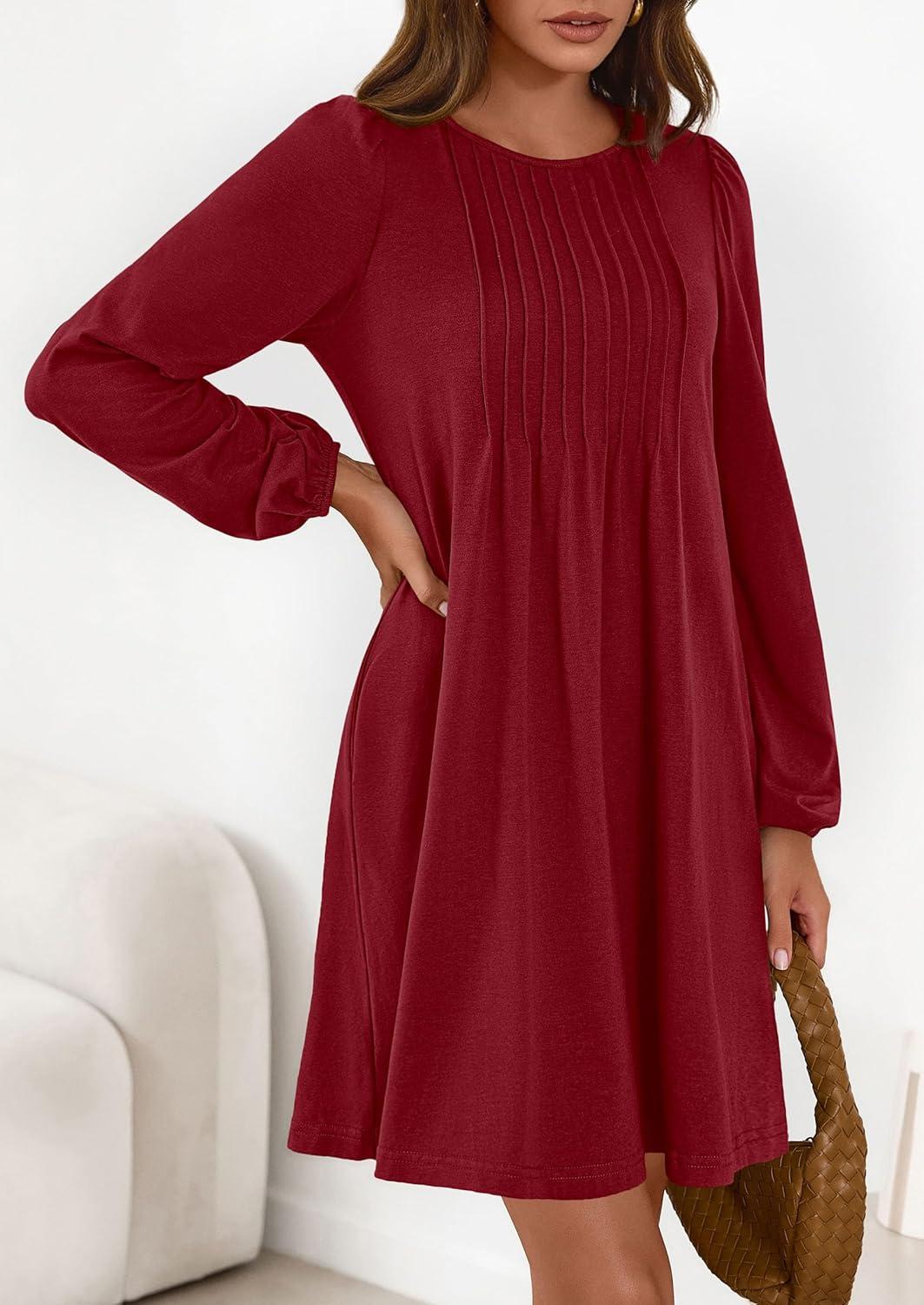 imagePRETTYGARDEN Fall Dresses for Women 2026 Long Sleeve Mini Short Flowy A Line Casual Holiday Party Tunic Dress Fashion ClothesBurgundy
