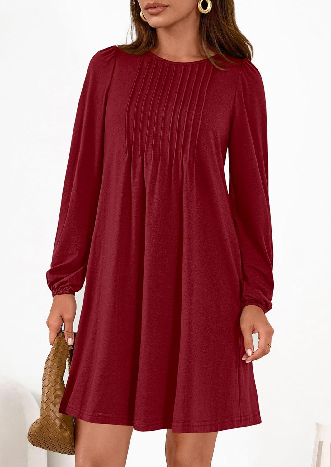 imagePRETTYGARDEN Fall Dresses for Women 2026 Long Sleeve Mini Short Flowy A Line Casual Holiday Party Tunic Dress Fashion ClothesBurgundy