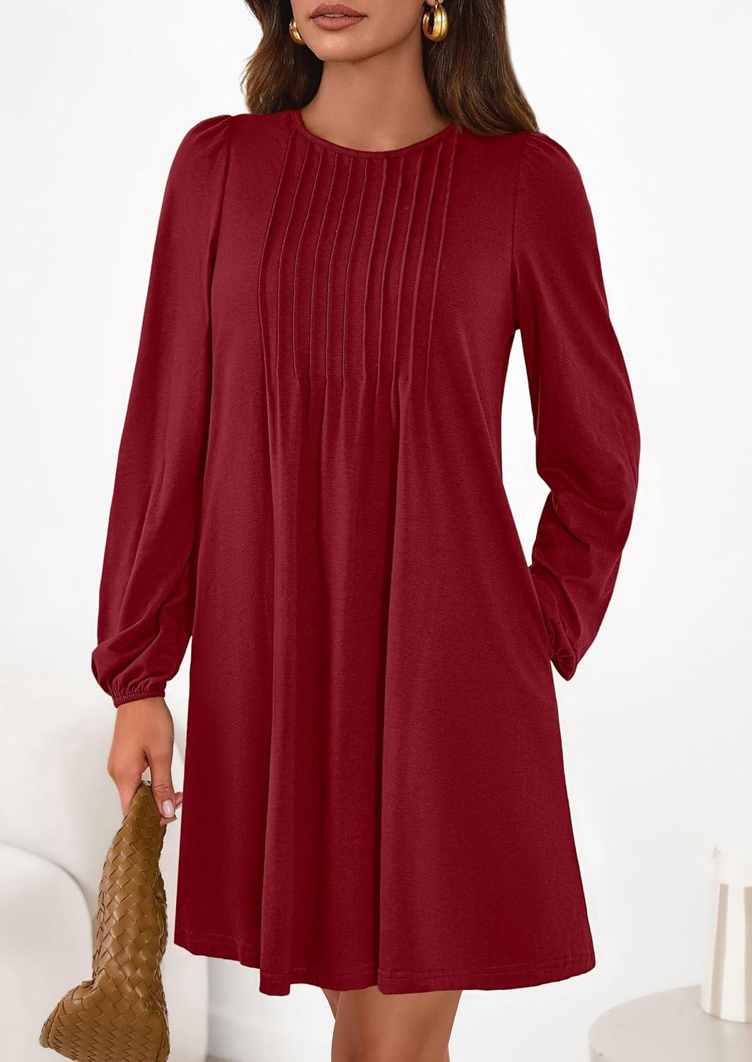 imagePRETTYGARDEN Fall Dresses for Women 2026 Long Sleeve Mini Short Flowy A Line Casual Holiday Party Tunic Dress Fashion ClothesBurgundy