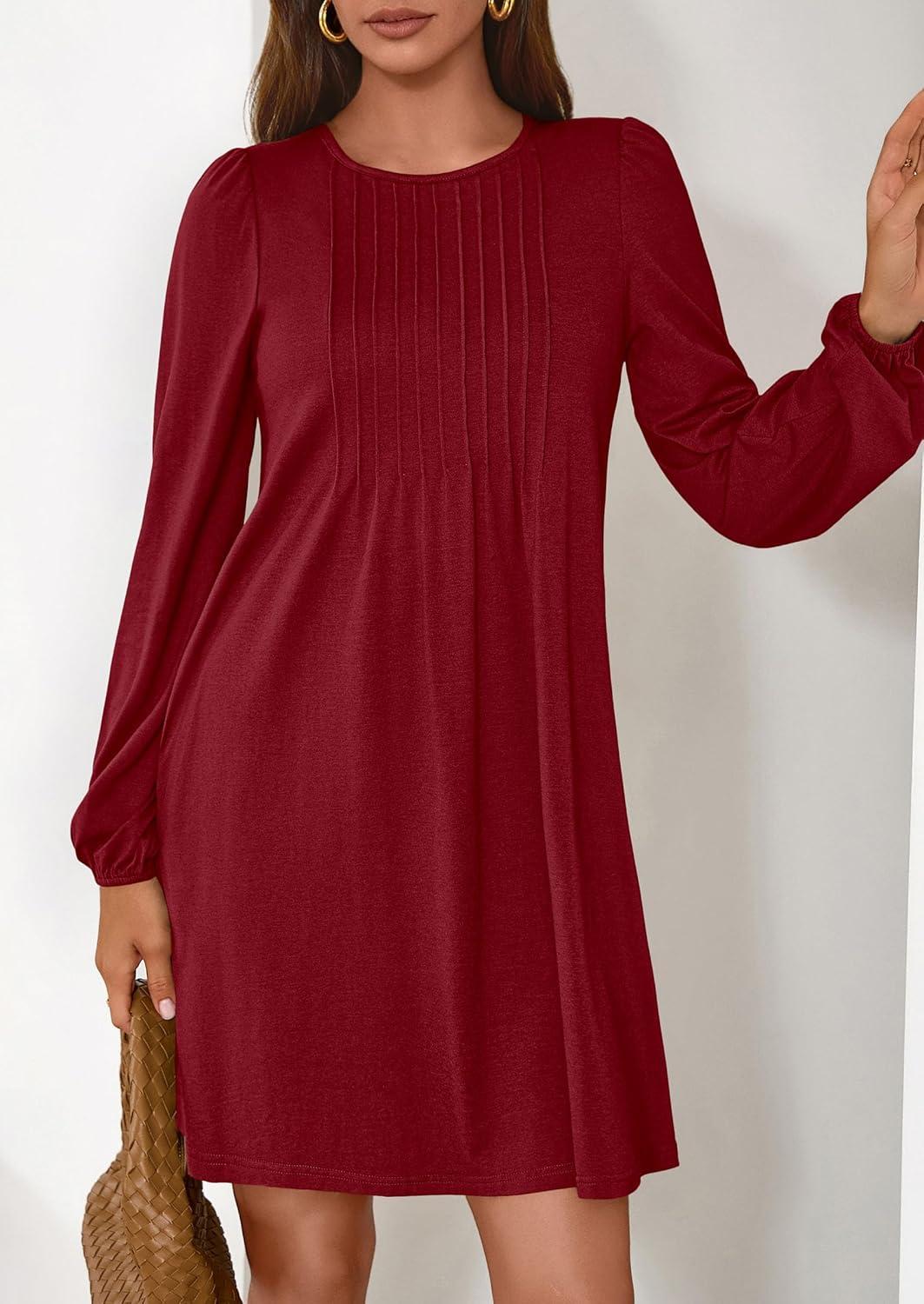 imagePRETTYGARDEN Fall Dresses for Women 2026 Long Sleeve Mini Short Flowy A Line Casual Holiday Party Tunic Dress Fashion ClothesBurgundy