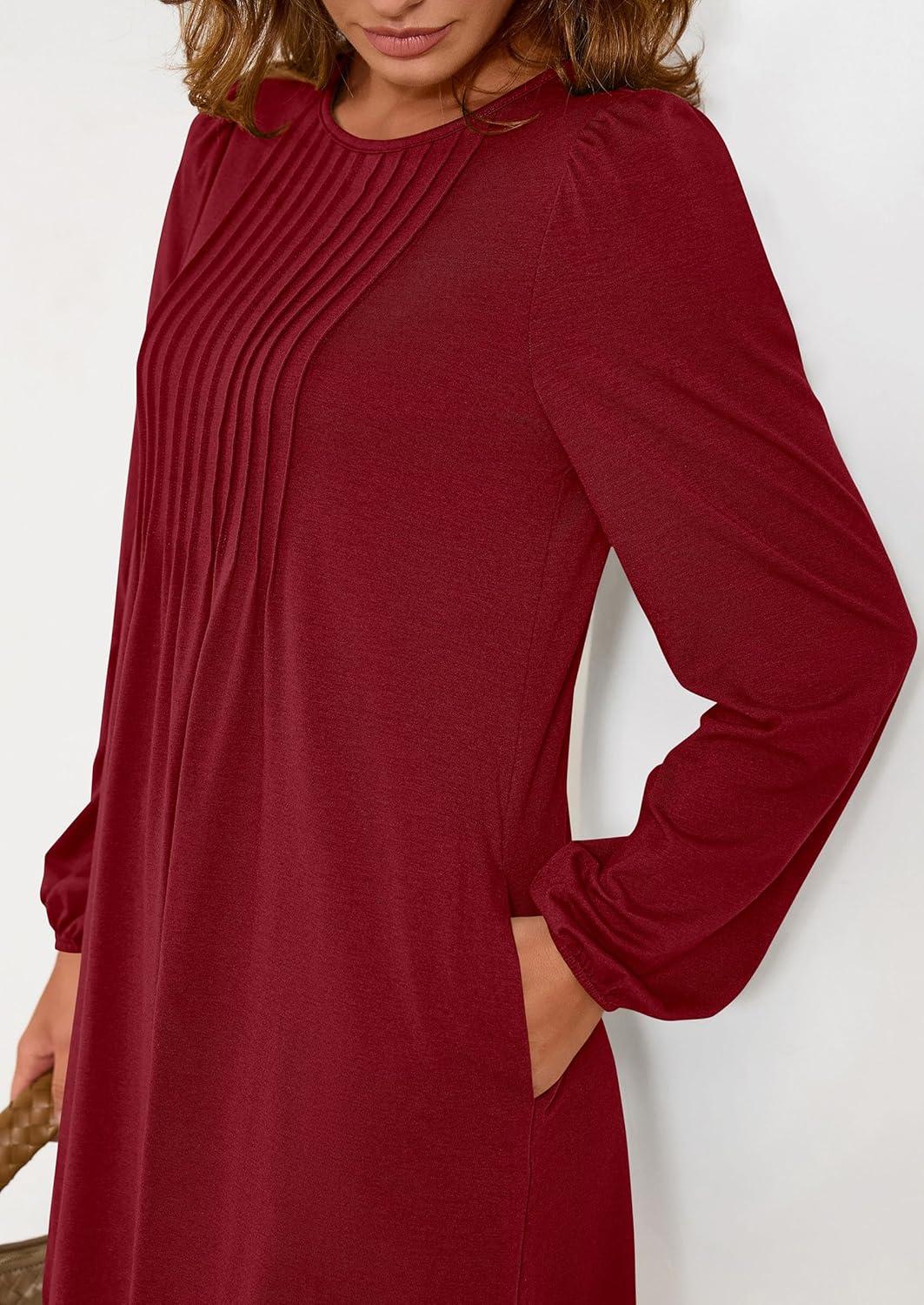 imagePRETTYGARDEN Fall Dresses for Women 2026 Long Sleeve Mini Short Flowy A Line Casual Holiday Party Tunic Dress Fashion ClothesBurgundy