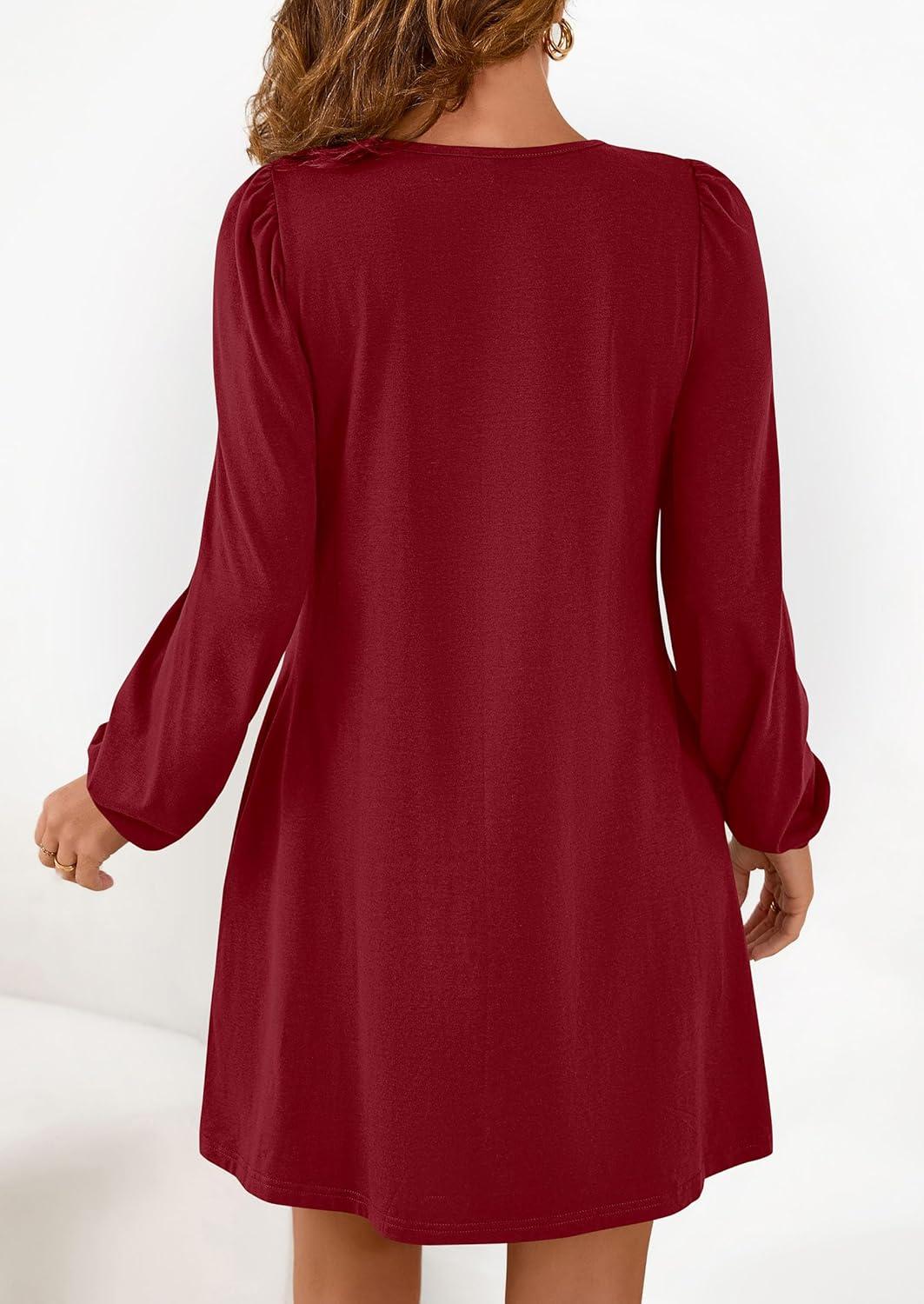 imagePRETTYGARDEN Fall Dresses for Women 2026 Long Sleeve Mini Short Flowy A Line Casual Holiday Party Tunic Dress Fashion ClothesBurgundy