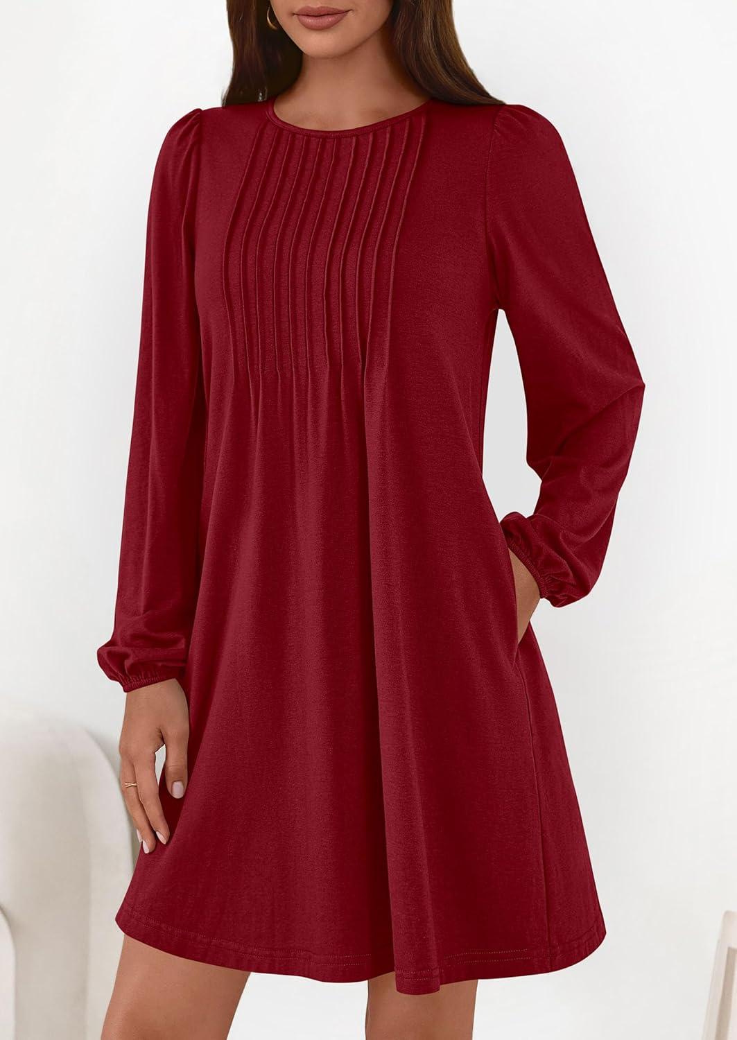 imagePRETTYGARDEN Fall Dresses for Women 2026 Long Sleeve Mini Short Flowy A Line Casual Holiday Party Tunic Dress Fashion ClothesBurgundy