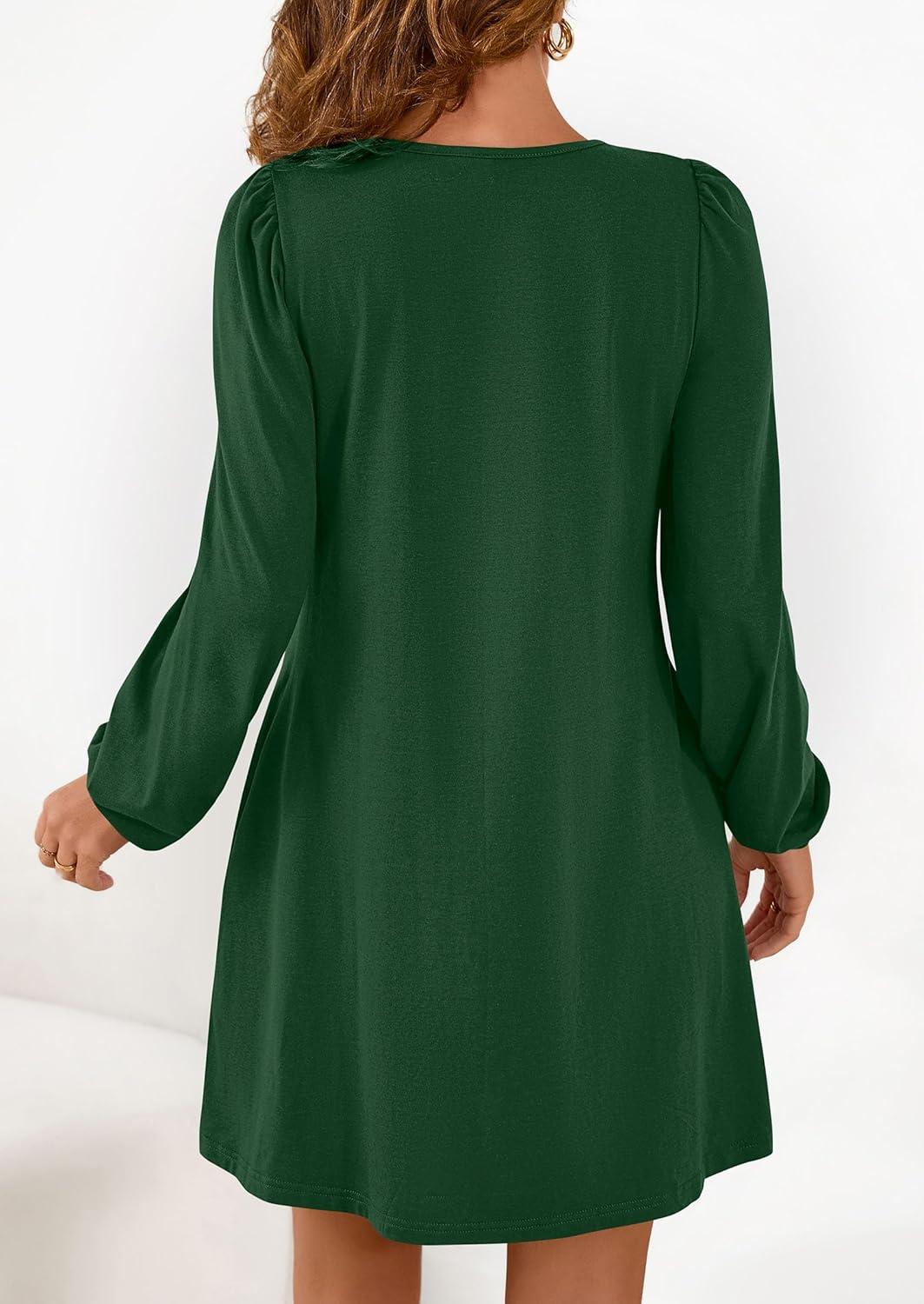 imagePRETTYGARDEN Fall Dresses for Women 2026 Long Sleeve Mini Short Flowy A Line Casual Holiday Party Tunic Dress Fashion ClothesDark Green