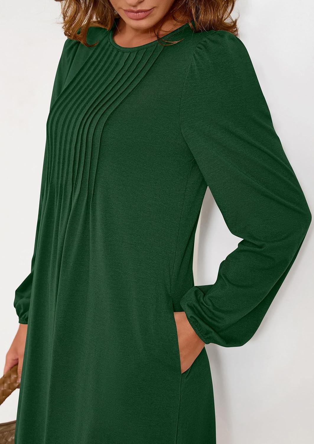 imagePRETTYGARDEN Fall Dresses for Women 2026 Long Sleeve Mini Short Flowy A Line Casual Holiday Party Tunic Dress Fashion ClothesDark Green