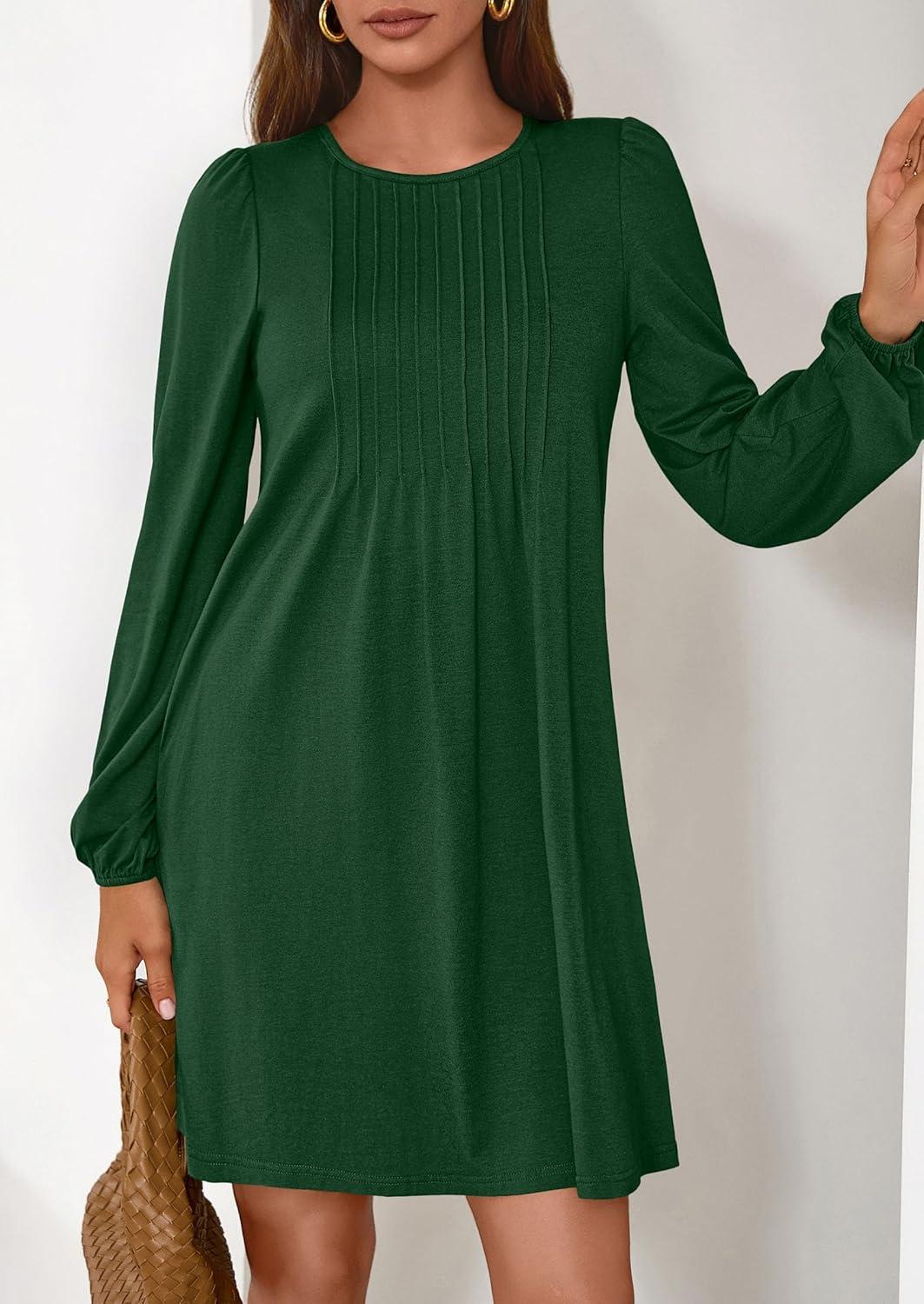 imagePRETTYGARDEN Fall Dresses for Women 2026 Long Sleeve Mini Short Flowy A Line Casual Holiday Party Tunic Dress Fashion ClothesDark Green