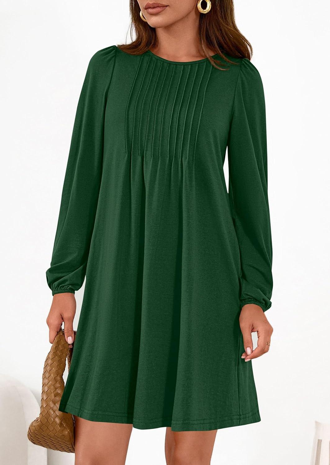 imagePRETTYGARDEN Fall Dresses for Women 2026 Long Sleeve Mini Short Flowy A Line Casual Holiday Party Tunic Dress Fashion ClothesDark Green