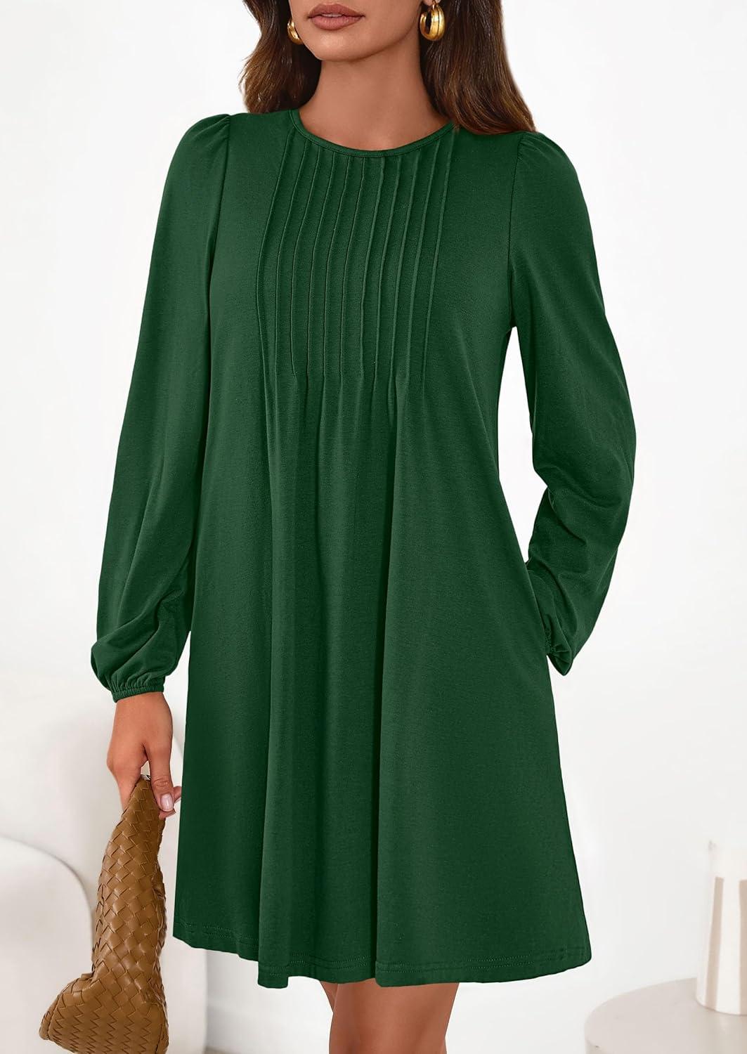 imagePRETTYGARDEN Fall Dresses for Women 2026 Long Sleeve Mini Short Flowy A Line Casual Holiday Party Tunic Dress Fashion ClothesDark Green