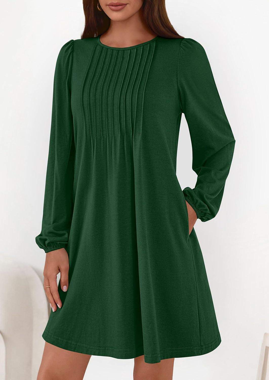 imagePRETTYGARDEN Fall Dresses for Women 2026 Long Sleeve Mini Short Flowy A Line Casual Holiday Party Tunic Dress Fashion ClothesDark Green
