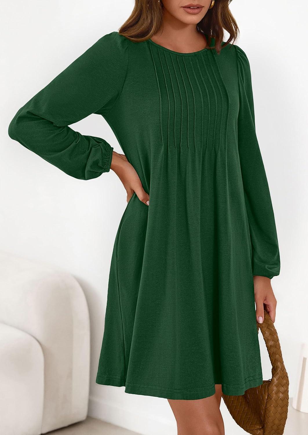 imagePRETTYGARDEN Fall Dresses for Women 2026 Long Sleeve Mini Short Flowy A Line Casual Holiday Party Tunic Dress Fashion ClothesDark Green