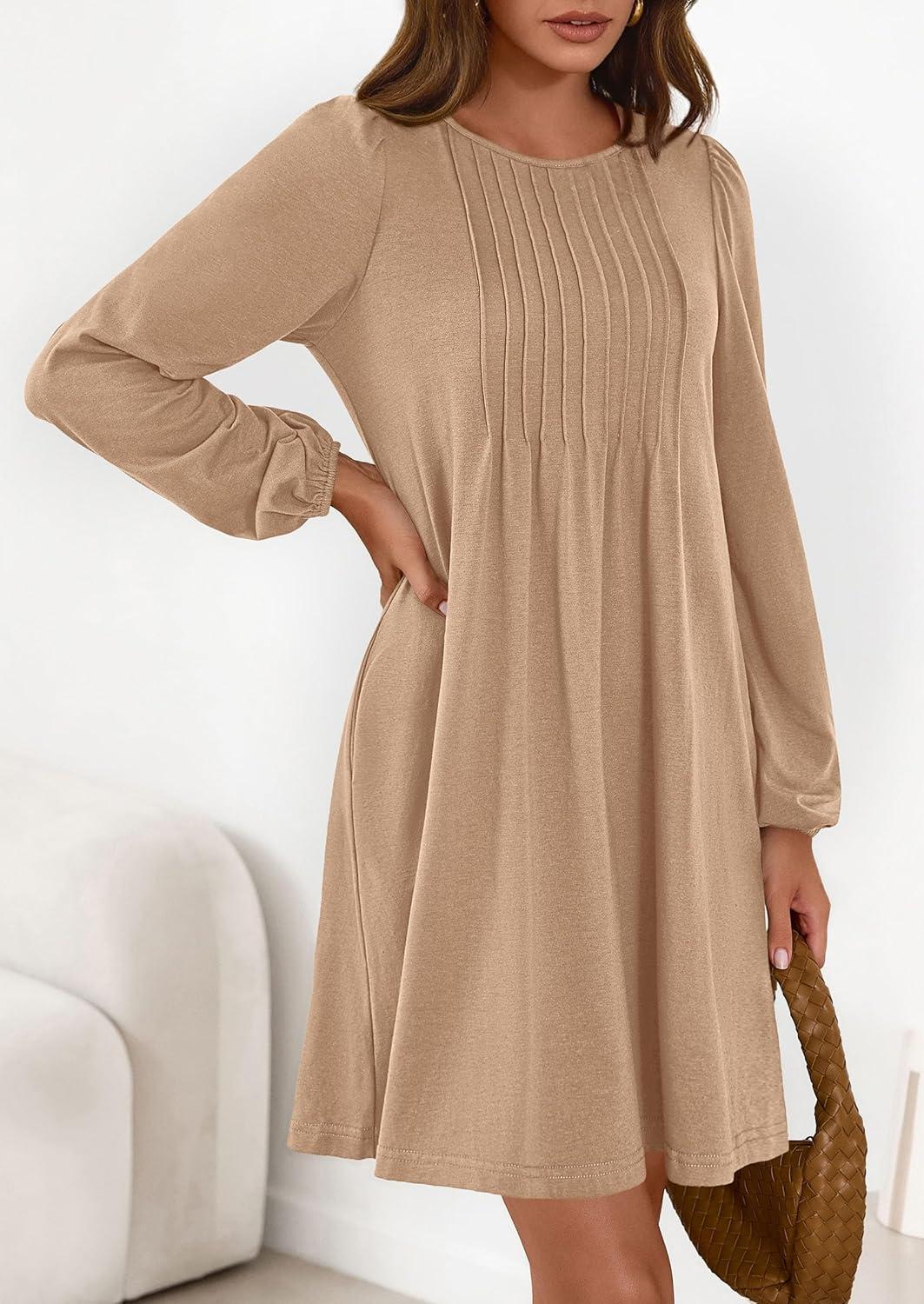 imagePRETTYGARDEN Fall Dresses for Women 2026 Long Sleeve Mini Short Flowy A Line Casual Holiday Party Tunic Dress Fashion ClothesKhaki