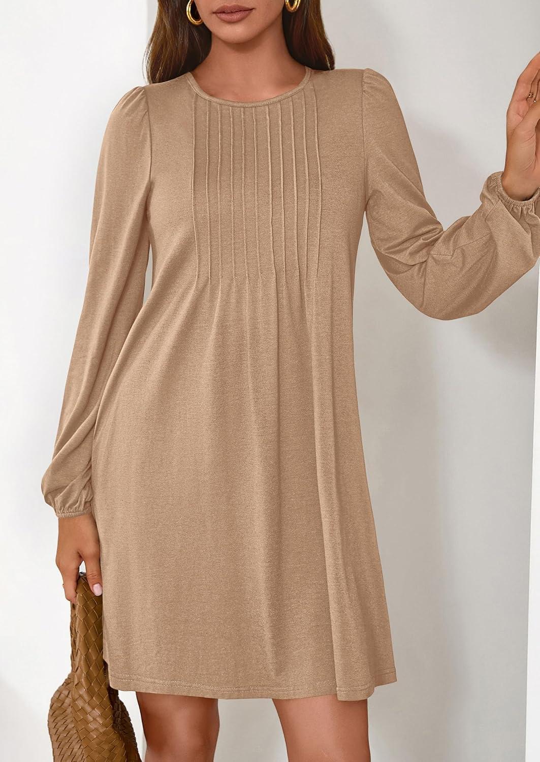 imagePRETTYGARDEN Fall Dresses for Women 2026 Long Sleeve Mini Short Flowy A Line Casual Holiday Party Tunic Dress Fashion ClothesKhaki