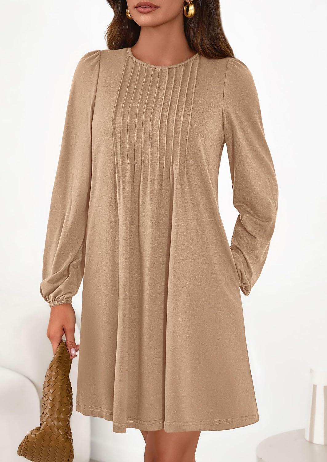 imagePRETTYGARDEN Fall Dresses for Women 2026 Long Sleeve Mini Short Flowy A Line Casual Holiday Party Tunic Dress Fashion ClothesKhaki