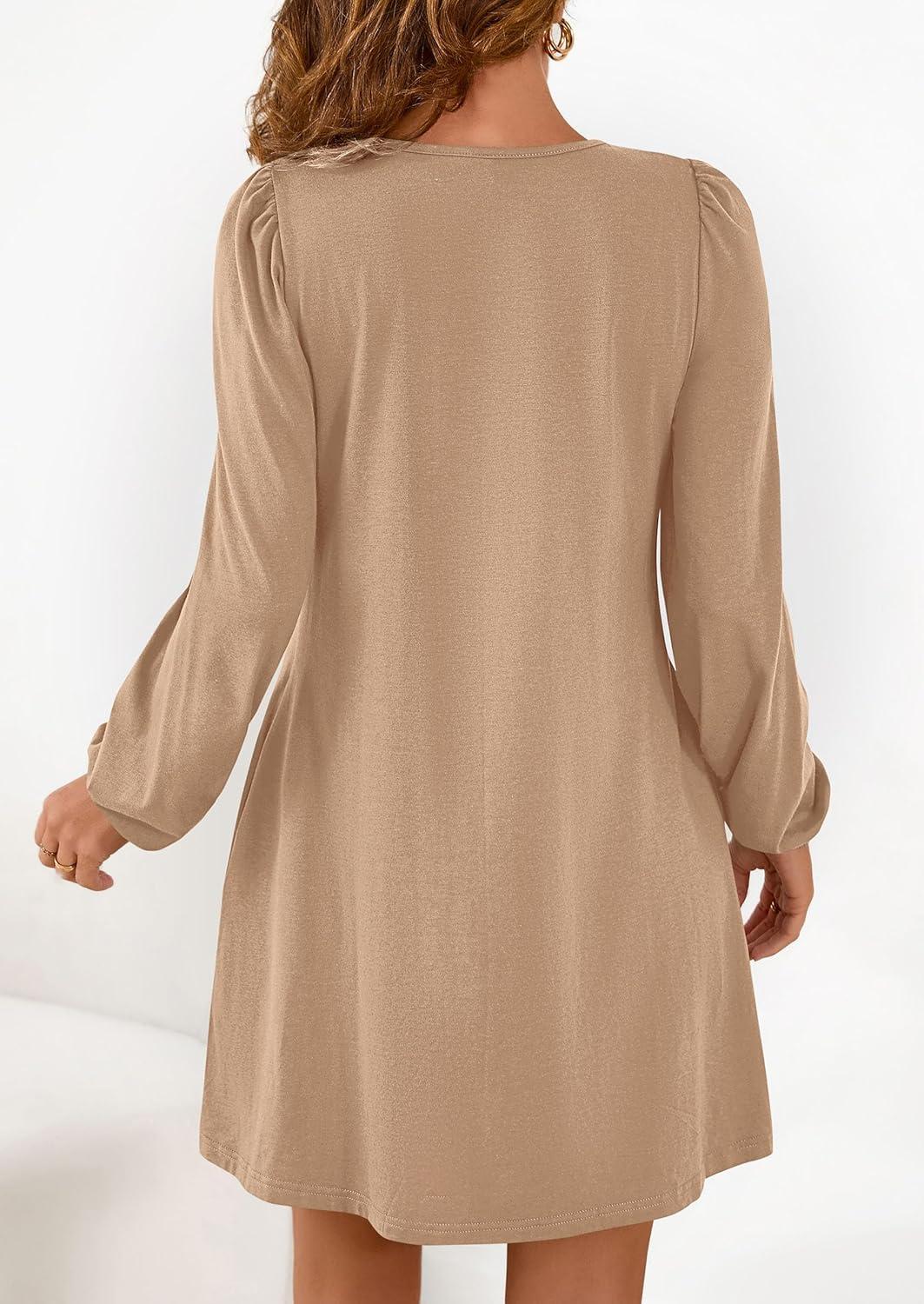 imagePRETTYGARDEN Fall Dresses for Women 2026 Long Sleeve Mini Short Flowy A Line Casual Holiday Party Tunic Dress Fashion ClothesKhaki
