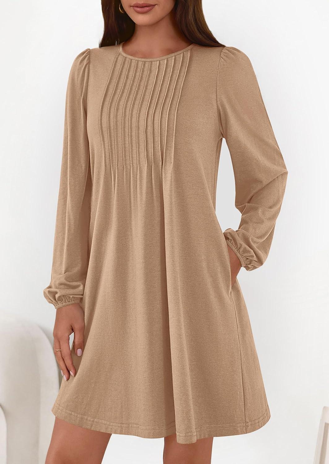 imagePRETTYGARDEN Fall Dresses for Women 2026 Long Sleeve Mini Short Flowy A Line Casual Holiday Party Tunic Dress Fashion ClothesKhaki