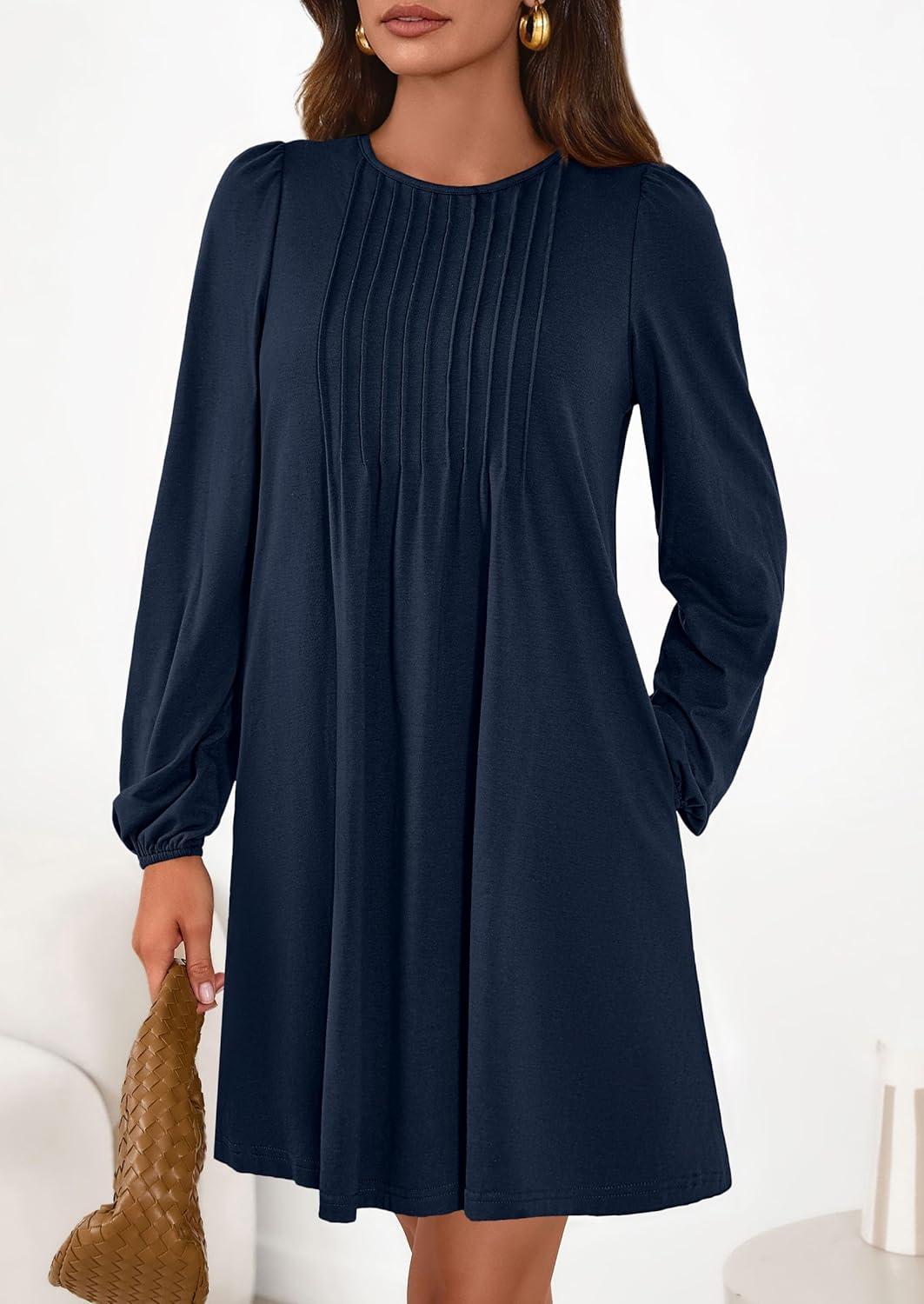imagePRETTYGARDEN Fall Dresses for Women 2026 Long Sleeve Mini Short Flowy A Line Casual Holiday Party Tunic Dress Fashion ClothesNavy Blue