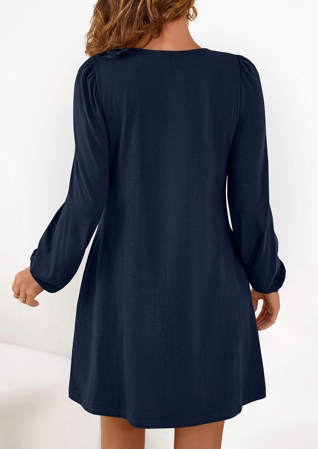 imagePRETTYGARDEN Fall Dresses for Women 2026 Long Sleeve Mini Short Flowy A Line Casual Holiday Party Tunic Dress Fashion ClothesNavy Blue