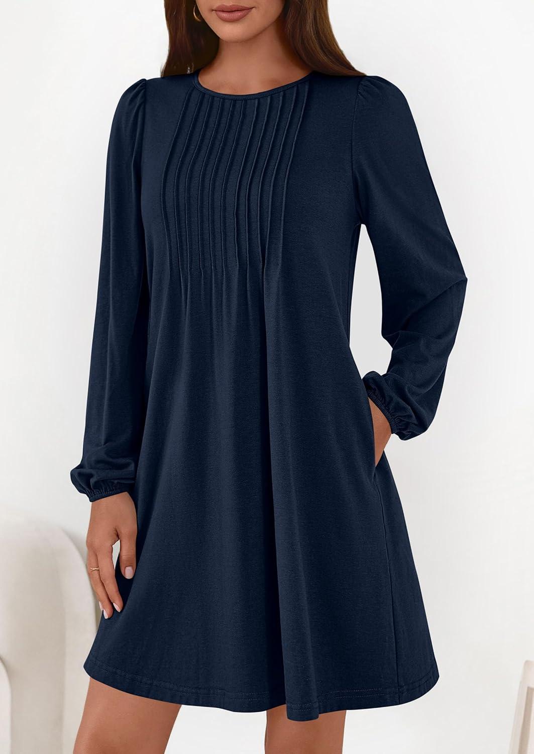 imagePRETTYGARDEN Fall Dresses for Women 2026 Long Sleeve Mini Short Flowy A Line Casual Holiday Party Tunic Dress Fashion ClothesNavy Blue