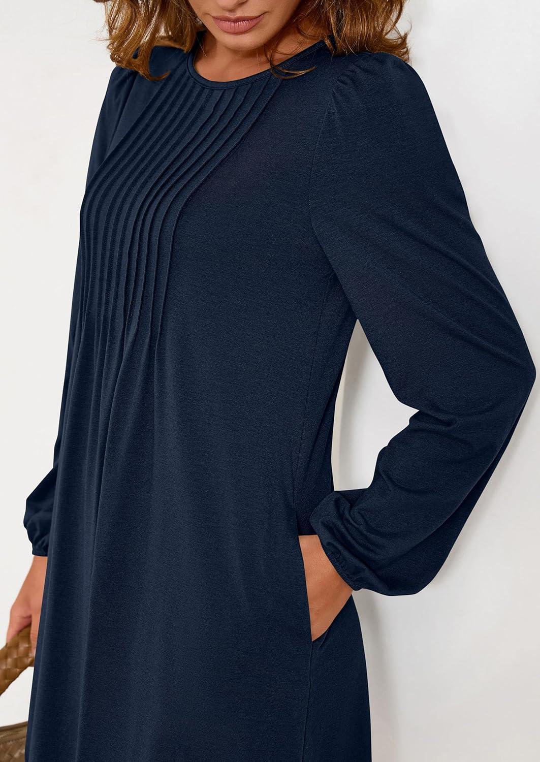 imagePRETTYGARDEN Fall Dresses for Women 2026 Long Sleeve Mini Short Flowy A Line Casual Holiday Party Tunic Dress Fashion ClothesNavy Blue