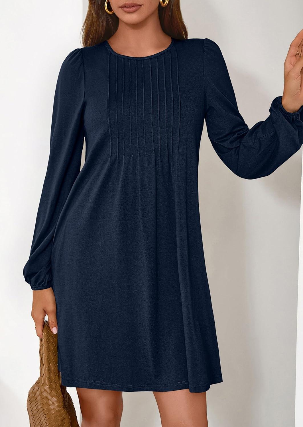 imagePRETTYGARDEN Fall Dresses for Women 2026 Long Sleeve Mini Short Flowy A Line Casual Holiday Party Tunic Dress Fashion ClothesNavy Blue