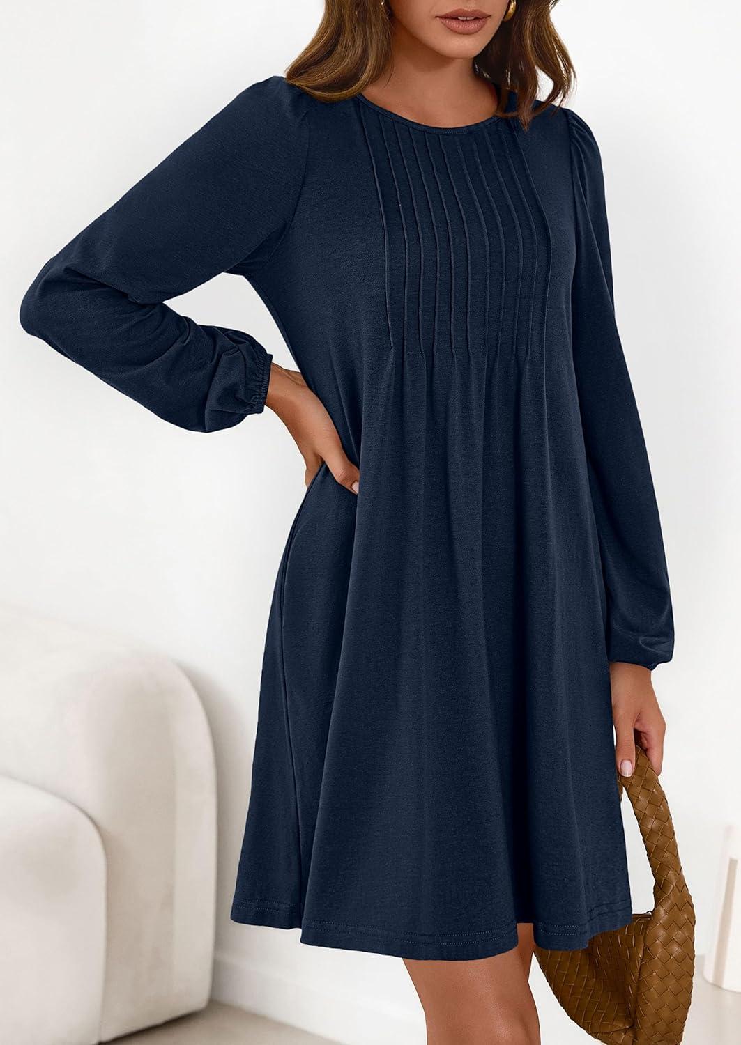 imagePRETTYGARDEN Fall Dresses for Women 2026 Long Sleeve Mini Short Flowy A Line Casual Holiday Party Tunic Dress Fashion ClothesNavy Blue