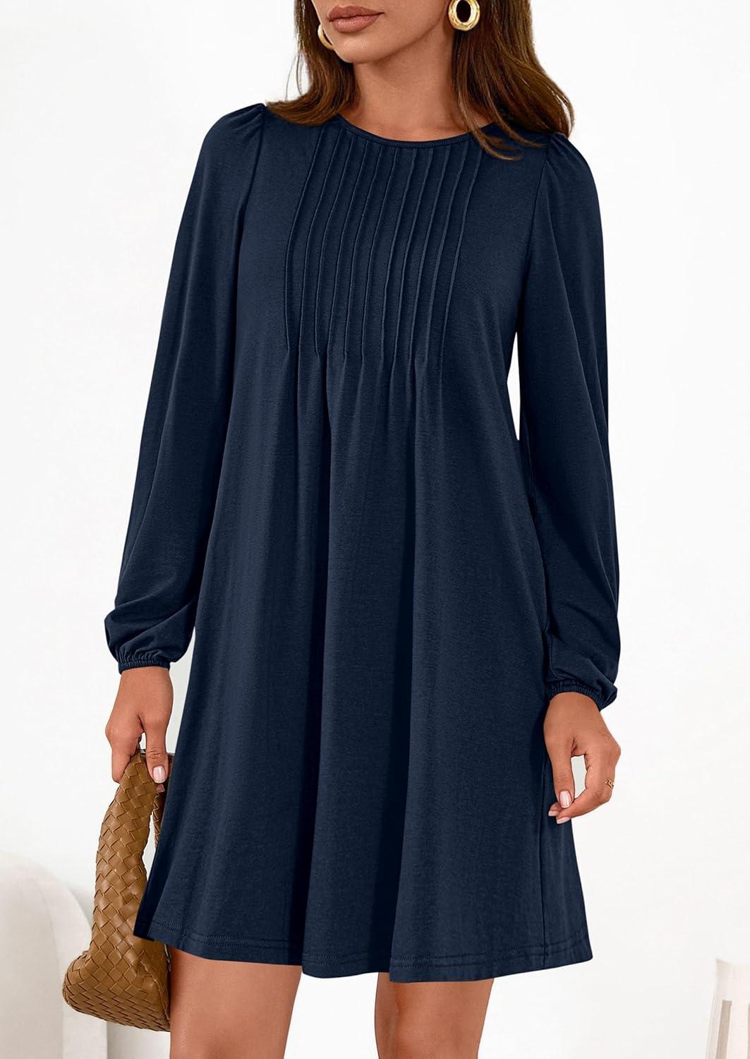 imagePRETTYGARDEN Fall Dresses for Women 2026 Long Sleeve Mini Short Flowy A Line Casual Holiday Party Tunic Dress Fashion ClothesNavy Blue