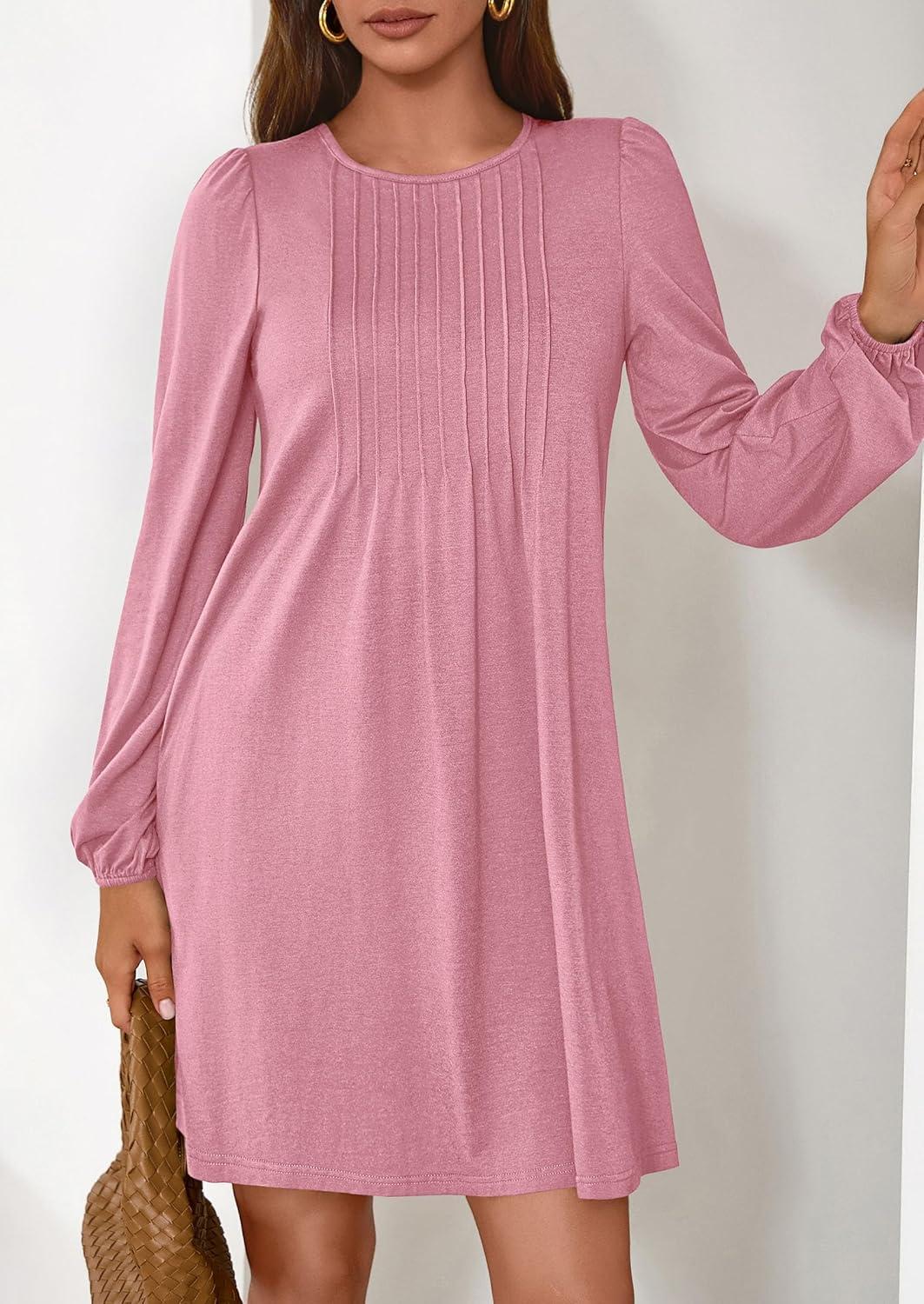 imagePRETTYGARDEN Fall Dresses for Women 2026 Long Sleeve Mini Short Flowy A Line Casual Holiday Party Tunic Dress Fashion ClothesPink