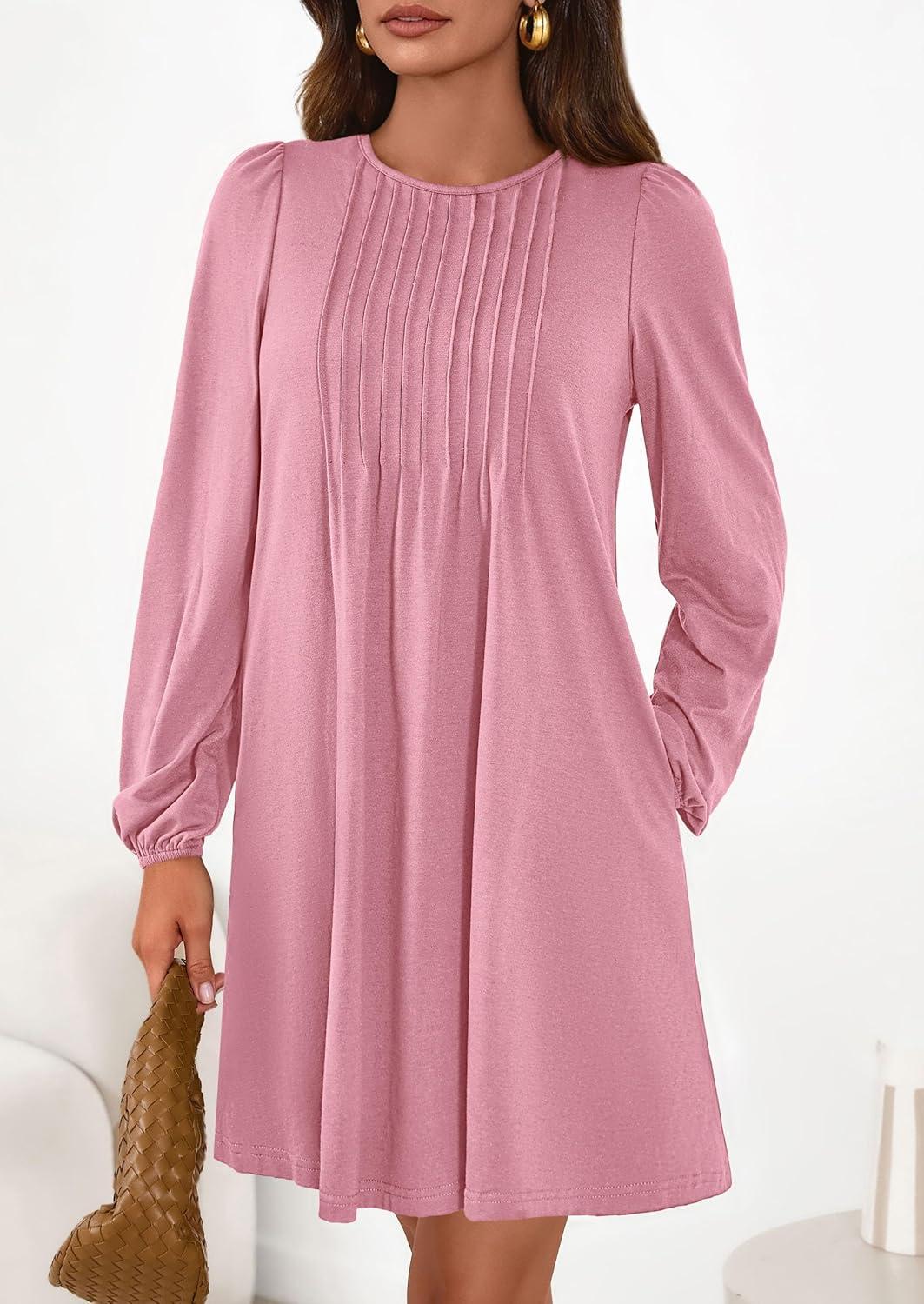 imagePRETTYGARDEN Fall Dresses for Women 2026 Long Sleeve Mini Short Flowy A Line Casual Holiday Party Tunic Dress Fashion ClothesPink