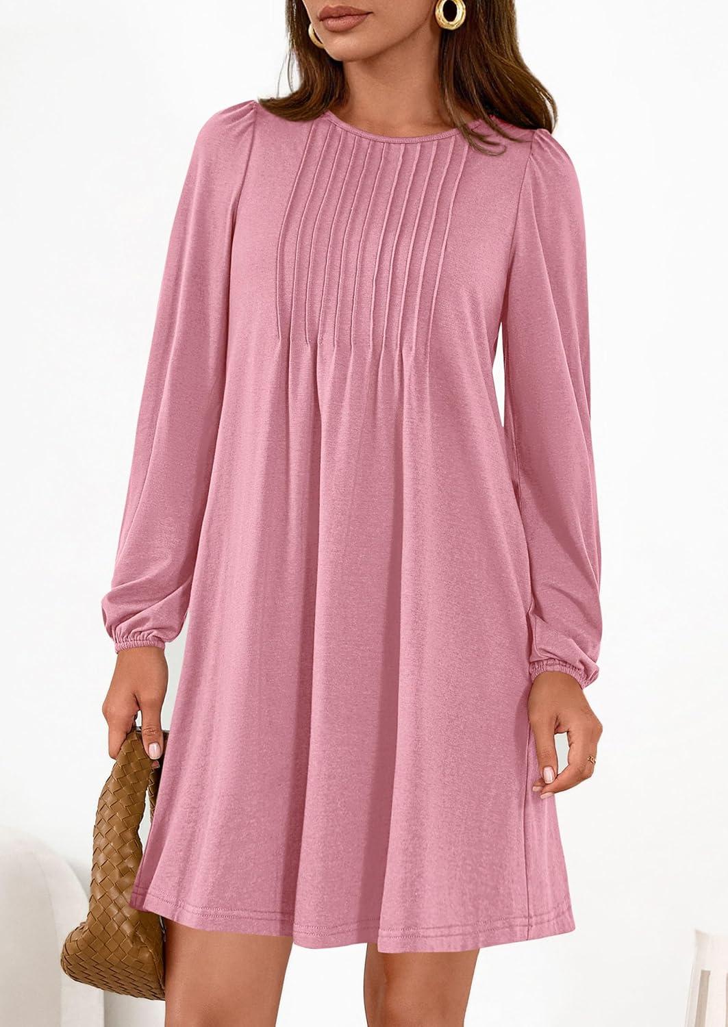 imagePRETTYGARDEN Fall Dresses for Women 2026 Long Sleeve Mini Short Flowy A Line Casual Holiday Party Tunic Dress Fashion ClothesPink