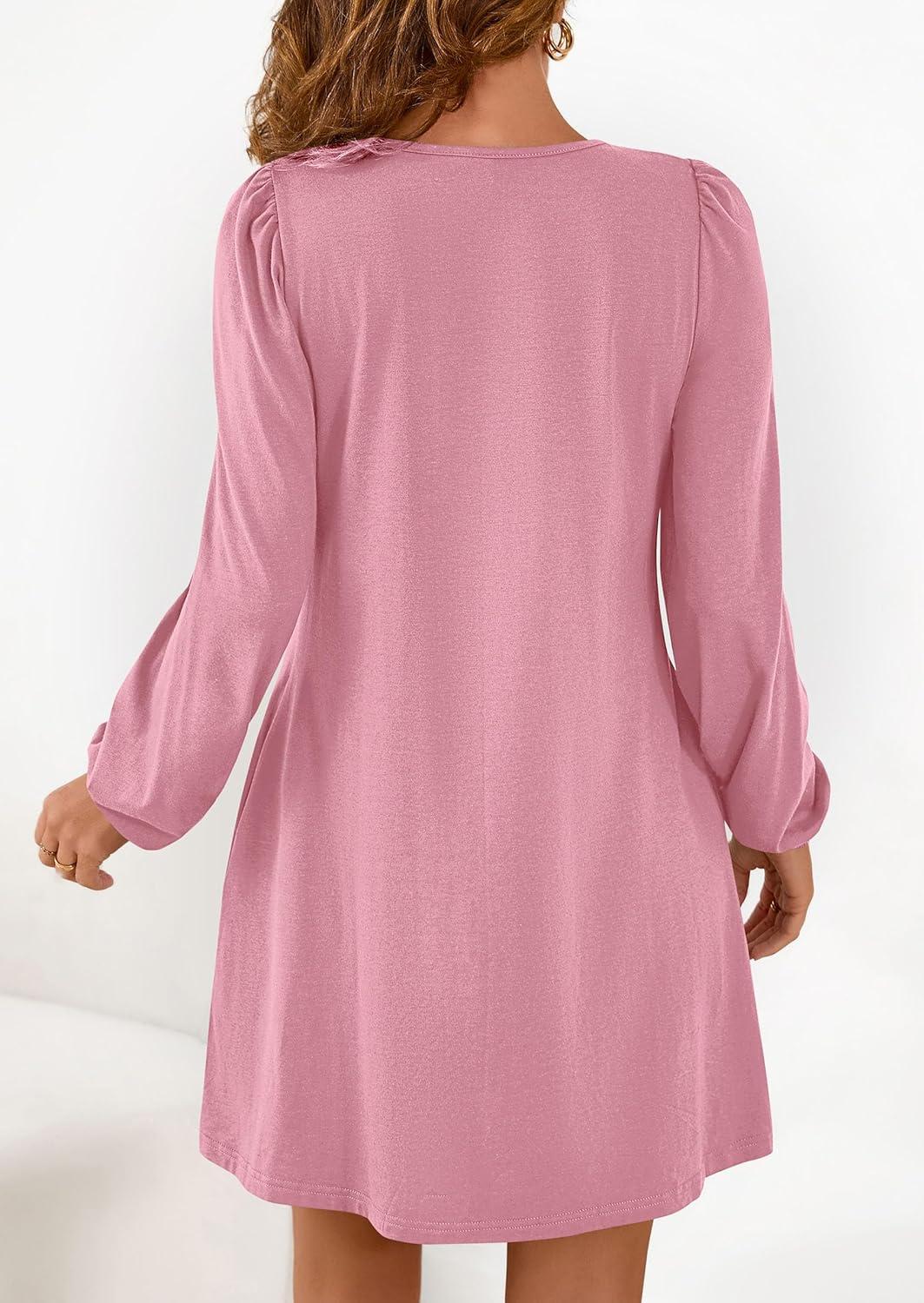 imagePRETTYGARDEN Fall Dresses for Women 2026 Long Sleeve Mini Short Flowy A Line Casual Holiday Party Tunic Dress Fashion ClothesPink