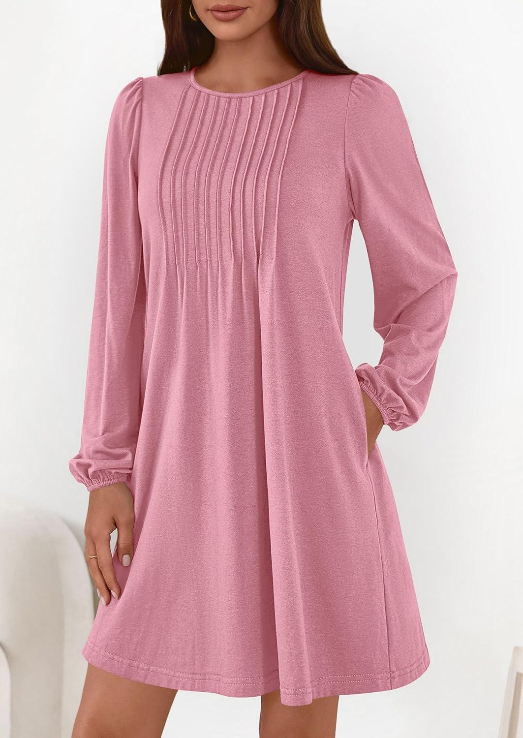 imagePRETTYGARDEN Fall Dresses for Women 2026 Long Sleeve Mini Short Flowy A Line Casual Holiday Party Tunic Dress Fashion ClothesPink