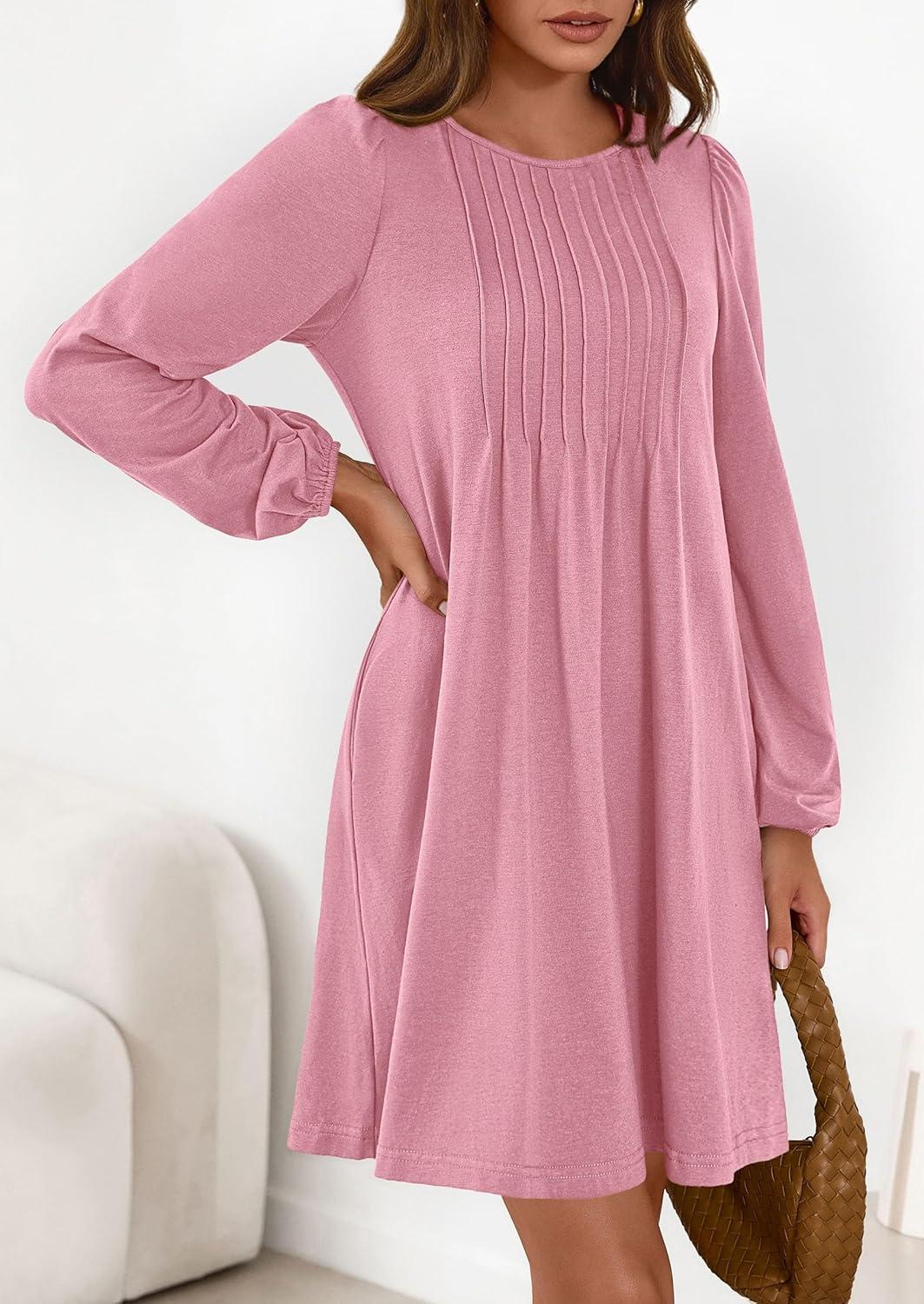 imagePRETTYGARDEN Fall Dresses for Women 2026 Long Sleeve Mini Short Flowy A Line Casual Holiday Party Tunic Dress Fashion ClothesPink