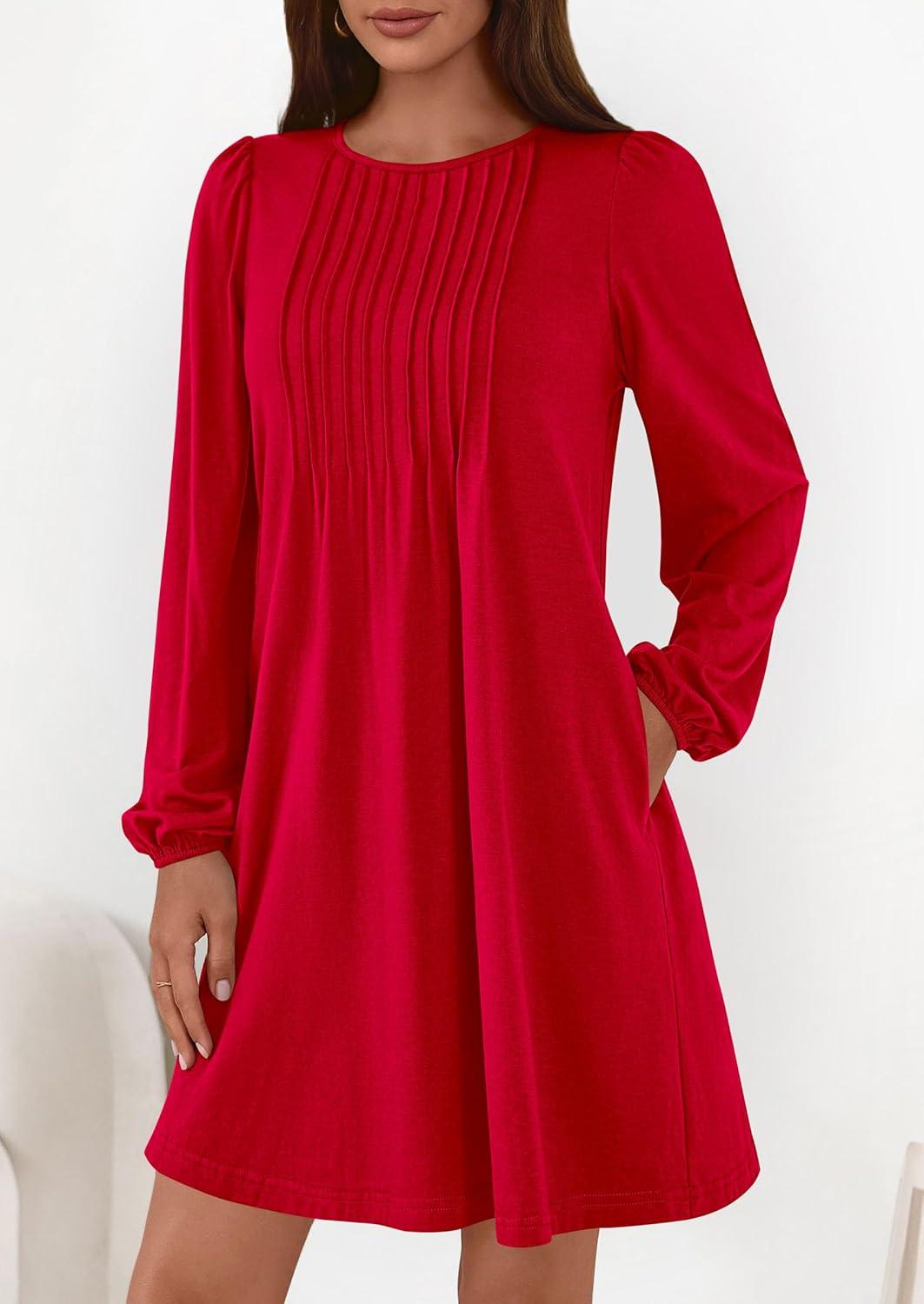imagePRETTYGARDEN Fall Dresses for Women 2026 Long Sleeve Mini Short Flowy A Line Casual Holiday Party Tunic Dress Fashion ClothesRed