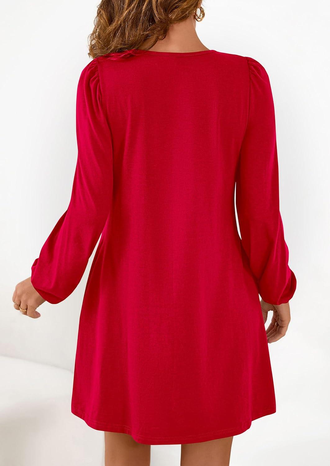imagePRETTYGARDEN Fall Dresses for Women 2026 Long Sleeve Mini Short Flowy A Line Casual Holiday Party Tunic Dress Fashion ClothesRed