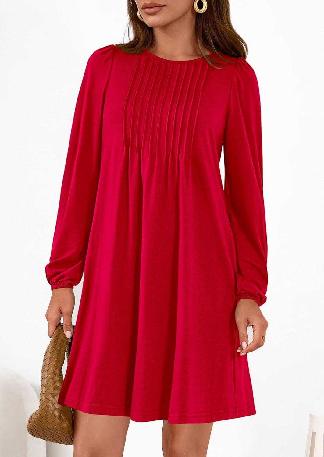 imagePRETTYGARDEN Fall Dresses for Women 2026 Long Sleeve Mini Short Flowy A Line Casual Holiday Party Tunic Dress Fashion ClothesRed