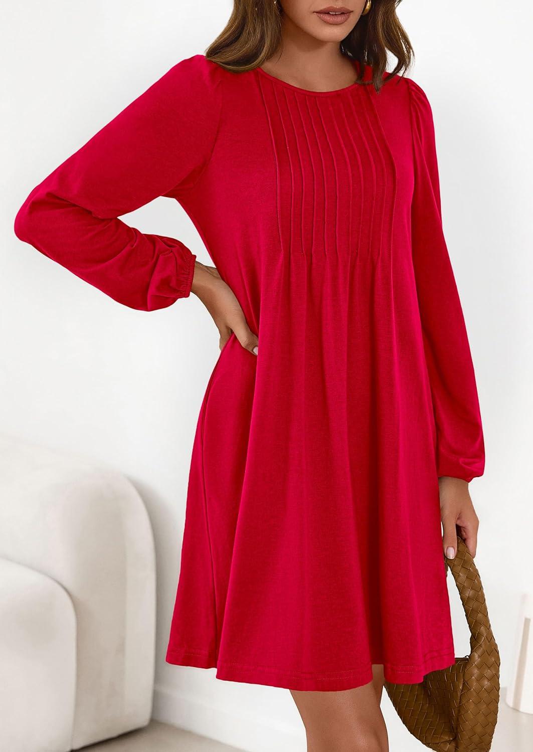 imagePRETTYGARDEN Fall Dresses for Women 2026 Long Sleeve Mini Short Flowy A Line Casual Holiday Party Tunic Dress Fashion ClothesRed