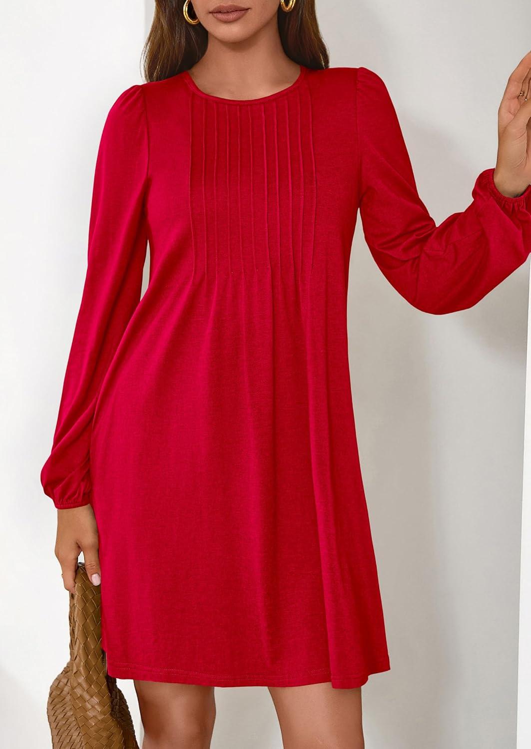 imagePRETTYGARDEN Fall Dresses for Women 2026 Long Sleeve Mini Short Flowy A Line Casual Holiday Party Tunic Dress Fashion ClothesRed